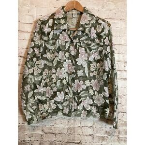 Bamboo Traders Top Womens Medium Floral Burnout Button Up Sheer Olive & Pink